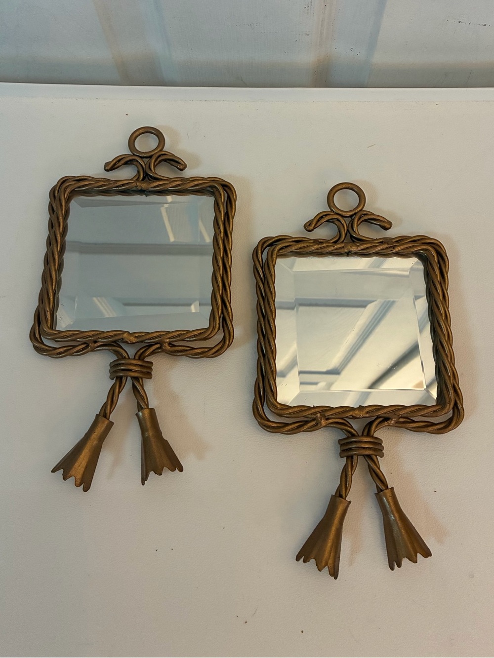Set Of Vtg Homco Gold Rope Tassel Wall Mirrors Beveled Edge Hollywood Regency